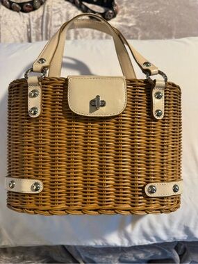 Monsac Woven Rattan Tote with Cream Trim